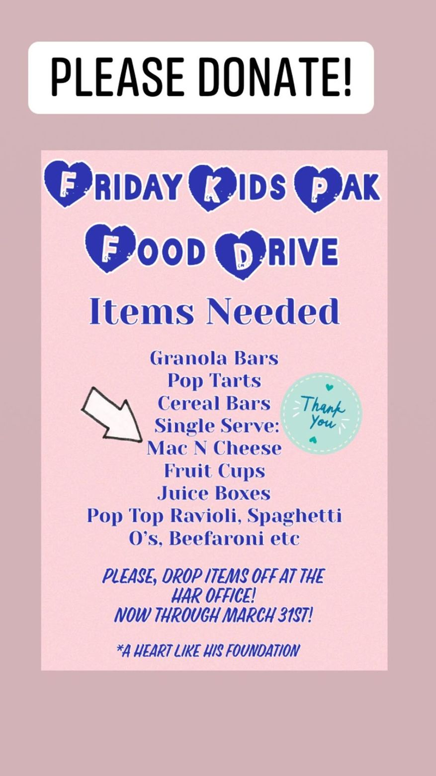 Ongoing Kids Food Drive for weekend food